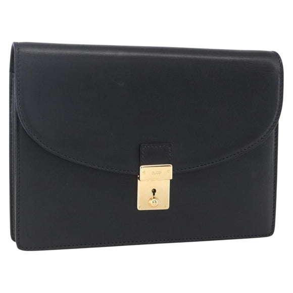 GUCCI Clutch Bag Leather Black Gold Auth ka351