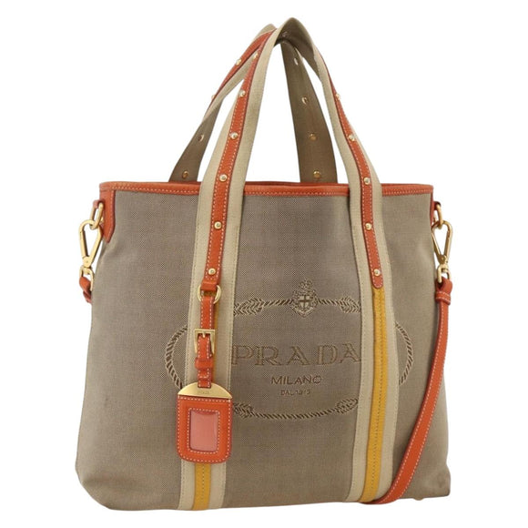 PRADA Hand Bag Logo jacquard 2way Beige Gold Auth ka3542