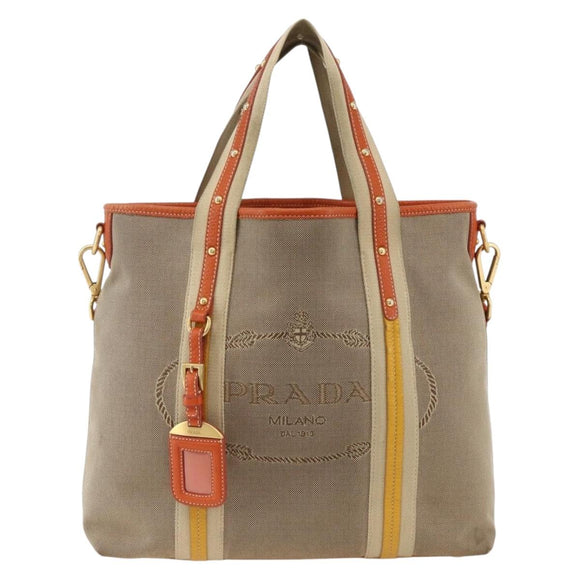 PRADA Hand Bag Logo jacquard 2way Beige Gold Auth ka3542