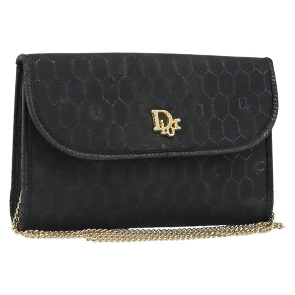 Christian Dior Honeycomb Canvas Chain Shoulder Bag PVC Black Gold Auth ka3574