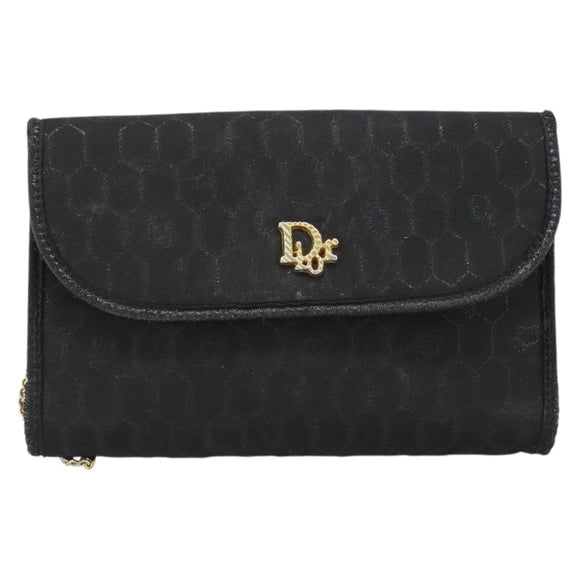 Christian Dior Honeycomb Canvas Chain Shoulder Bag PVC Black Gold Auth ka3574