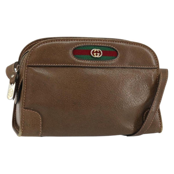 GUCCI Web Sherry Line Shoulder Bag Leather Brown Gold Auth ka359