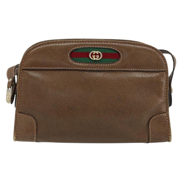 GUCCI Web Sherry Line Shoulder Bag Leather Brown Gold Auth ka359