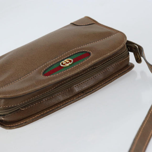 GUCCI Web Sherry Line Shoulder Bag Leather Brown Gold Auth ka359