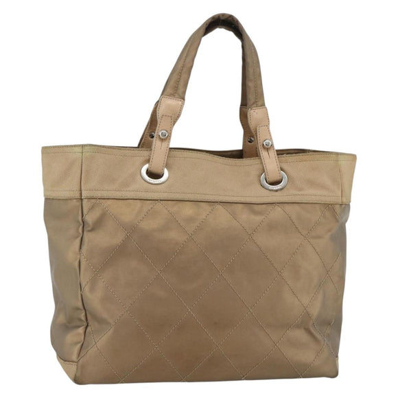 CHANEL Paris Biarritz GM Tote Bag Coated Canvas Gold Silver CC Auth ka3625
