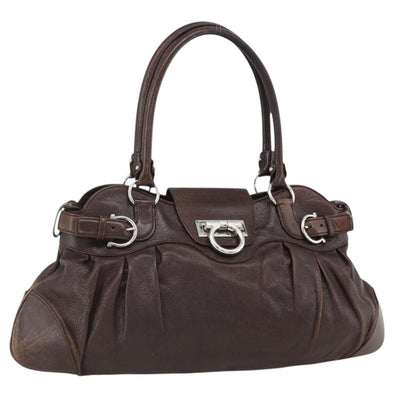 Salvatore Ferragamo Gancini Hand Bag Leather Brown Silver Auth ka3739