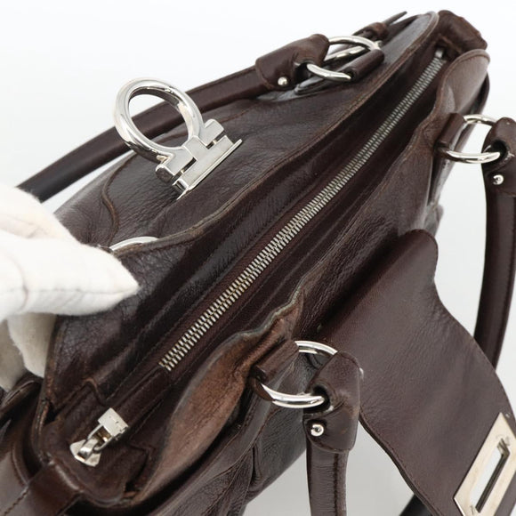 Salvatore Ferragamo Gancini Hand Bag Leather Brown Silver Auth ka3739