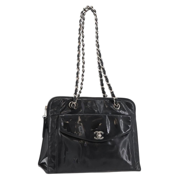CHANEL Chain Shoulder Bag Patent leather Black Silver CC Auth ka3740