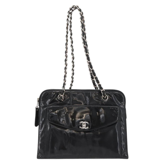 CHANEL Chain Shoulder Bag Patent leather Black Silver CC Auth ka3740
