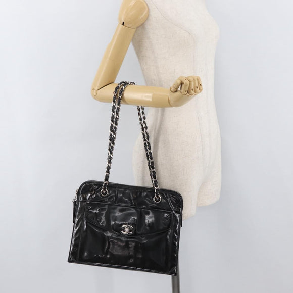 CHANEL Chain Shoulder Bag Patent leather Black Silver CC Auth ka3740