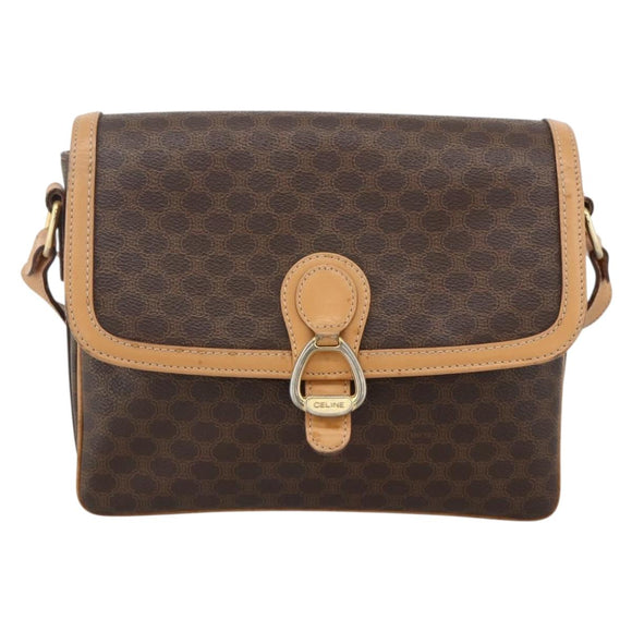 CELINE Macadam Canvas Shoulder Bag PVC Leather Brown Gold Auth ka3768