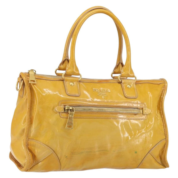 PRADA Hand Bag Patent leather Yellow Gold Auth ka377