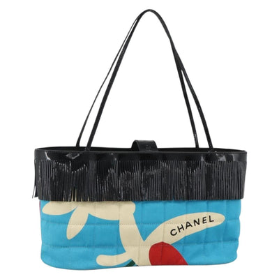 CHANEL Choco Bar Hand Bag Canvas Light Blue Silver CC Auth ka3813