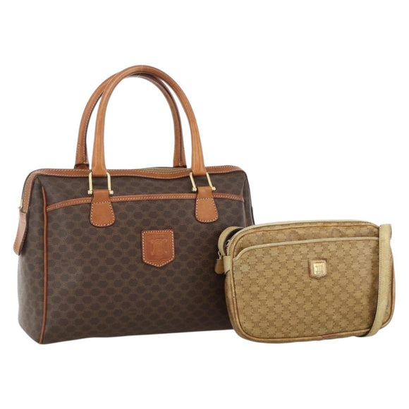 CELINE Macadam Canvas Hand Bag PVC 2 Set Brown Beige Auth ka3848