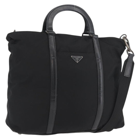 PRADA Hand Bag Nylon Leather 2way Black Silver Auth ka3854