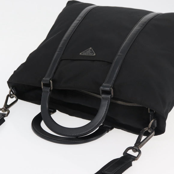 PRADA Hand Bag Nylon Leather 2way Black Silver Auth ka3854
