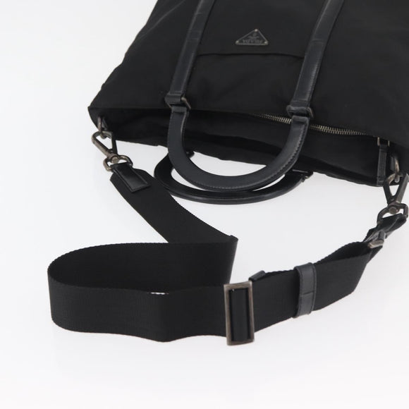 PRADA Hand Bag Nylon Leather 2way Black Silver Auth ka3854