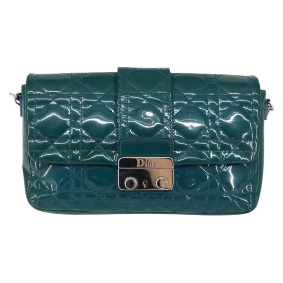 Christian Dior Canage Chain Shoulder Bag Patent leather Blue Silver Auth ka386