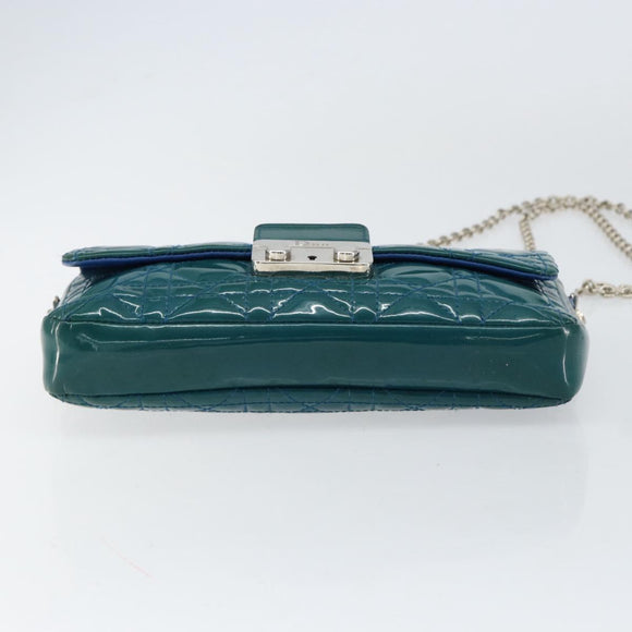 Christian Dior Canage Chain Shoulder Bag Patent leather Blue Silver Auth ka386