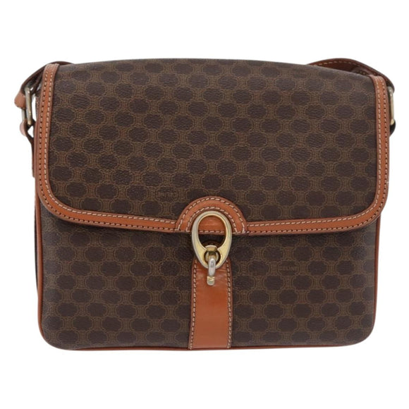 CELINE Macadam Canvas Shoulder Bag PVC Leather Brown Gold Auth ka3871
