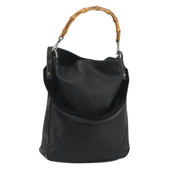 GUCCI Bamboo Shoulder Bag Leather 2way Black Silver Auth ka3910