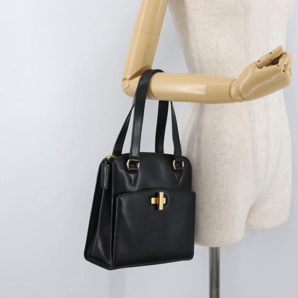 CELINE Hand Bag Leather Black Gold Auth ka3921