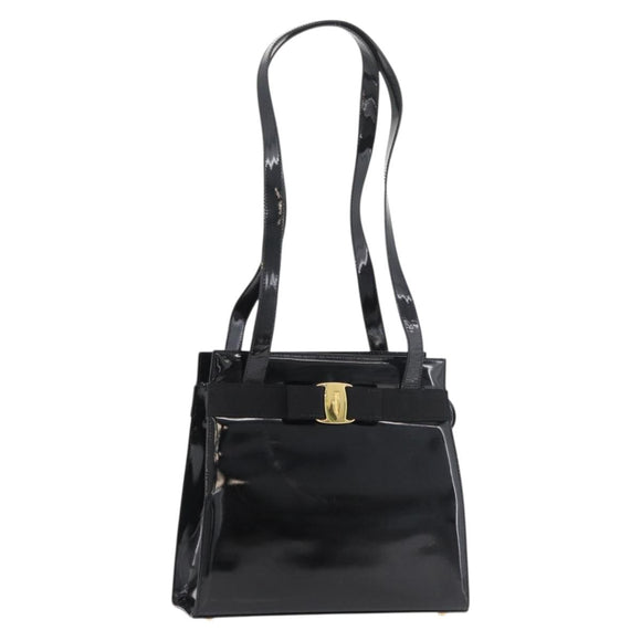 Salvatore Ferragamo Vala Hand Bag Patent leather Black Gold Auth ka3922