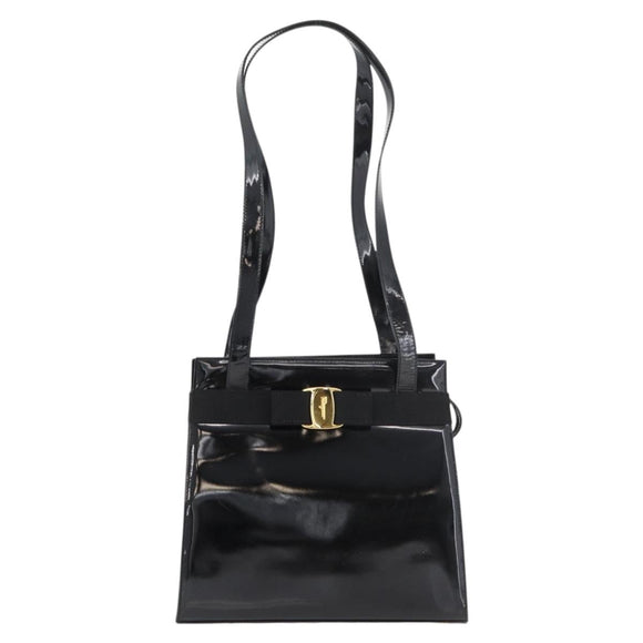 Salvatore Ferragamo Vala Hand Bag Patent leather Black Gold Auth ka3922