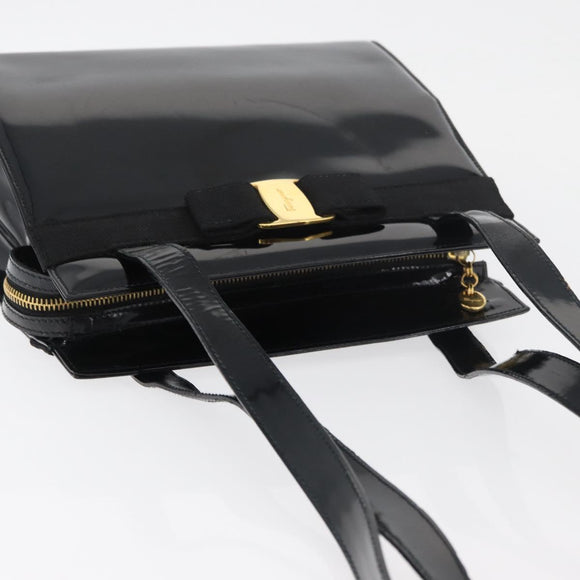 Salvatore Ferragamo Vala Hand Bag Patent leather Black Gold Auth ka3922