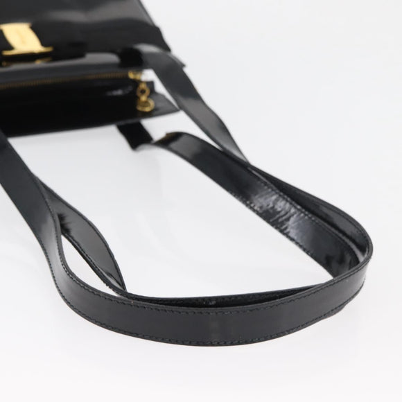 Salvatore Ferragamo Vala Hand Bag Patent leather Black Gold Auth ka3922