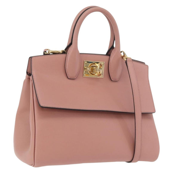 Salvatore Ferragamo Gancini Hand Bag Leather 2way Pink Gold Auth ka3924A