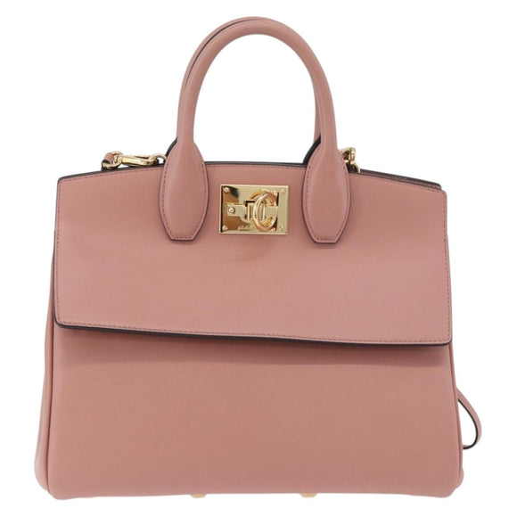 Salvatore Ferragamo Gancini Hand Bag Leather 2way Pink Gold Auth ka3924A