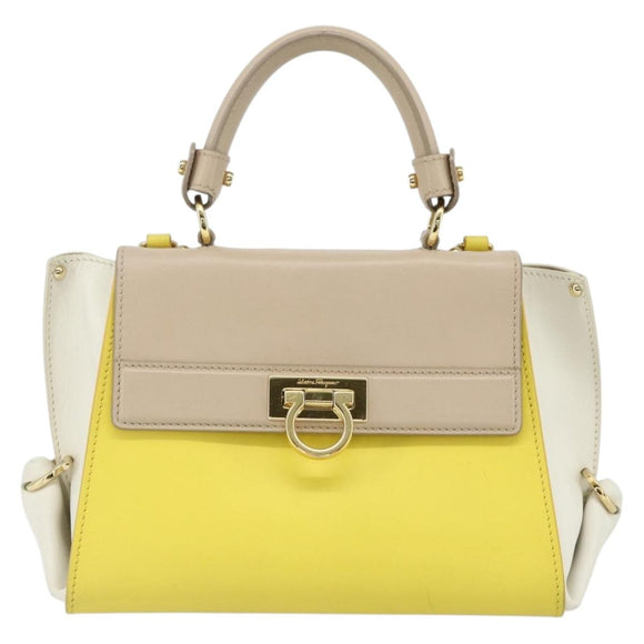 Salvatore Ferragamo Gancini Hand Bag Leather 2way Yellow Gold Auth ka3925A