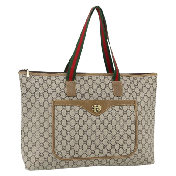 GUCCI GG Plus Supreme Web Sherry Line Tote Bag PVC Beige Red Auth ka3941