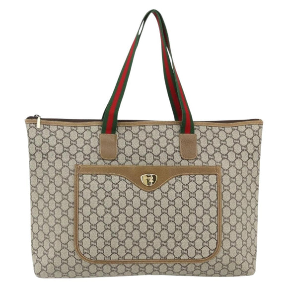 GUCCI GG Plus Supreme Web Sherry Line Tote Bag PVC Beige Red Auth ka3941
