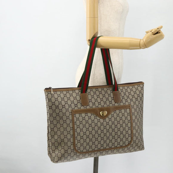 GUCCI GG Plus Supreme Web Sherry Line Tote Bag PVC Beige Red Auth ka3941