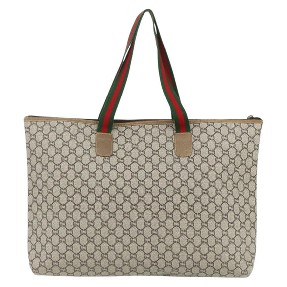 GUCCI GG Plus Supreme Web Sherry Line Tote Bag PVC Beige Red Auth ka3941