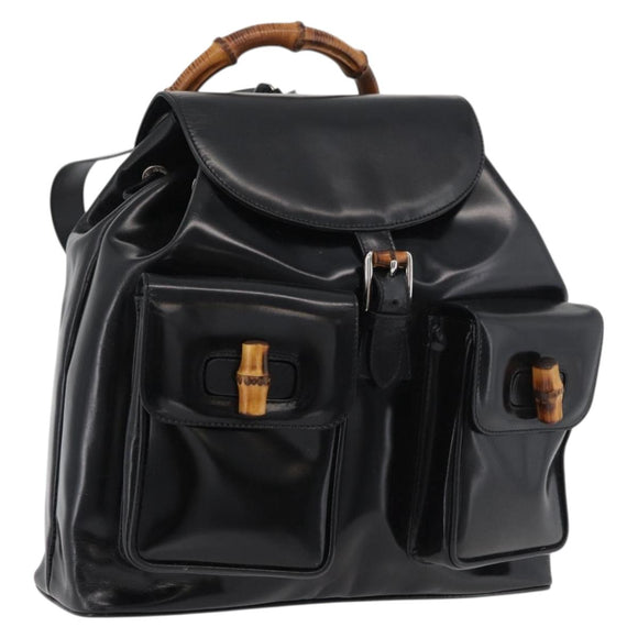 GUCCI Bamboo Backpack Patent leather Black Silver 003 2058 0016 5 Auth ka3960