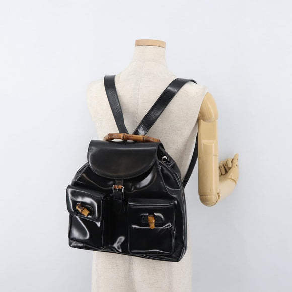 GUCCI Bamboo Backpack Patent leather Black Silver 003 2058 0016 5 Auth ka3960