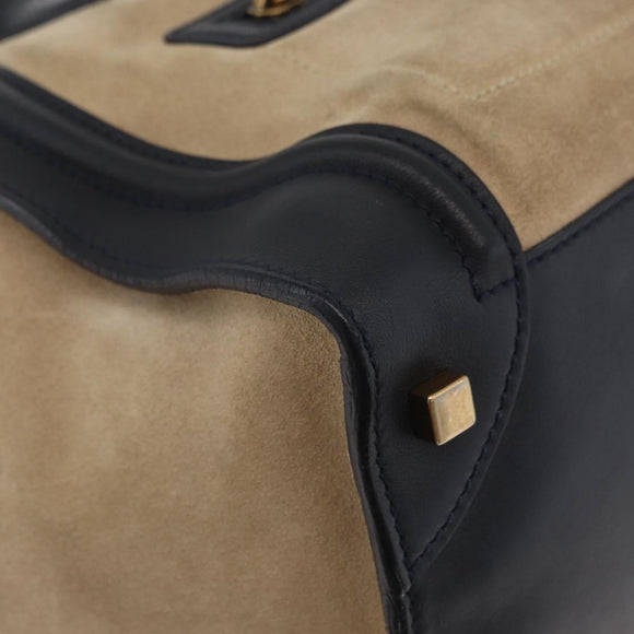 CELINE Luggage Medium Hand Bag Suede Leather Beige Gold black Auth ka3972A
