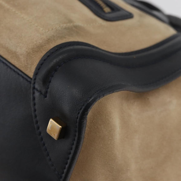 CELINE Luggage Medium Hand Bag Suede Leather Beige Gold black Auth ka3972A
