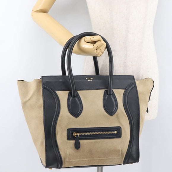 CELINE Luggage Medium Handtas Suède Leer Beige Goud zwart Auth ka3972A