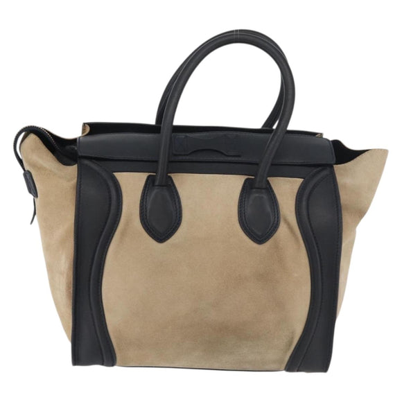CELINE Luggage Medium Hand Bag Suede Leather Beige Gold black Auth ka3972A