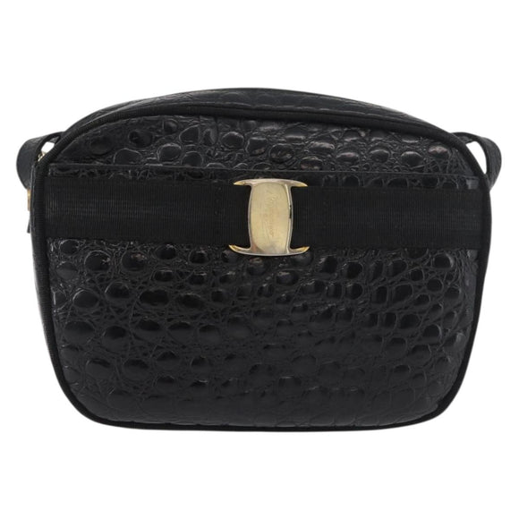 Salvatore Ferragamo Vala Shoulder Bag Leather Black Gold Auth ka4001