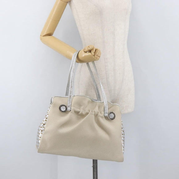BVLGARI Hand Bag Canvas Beige Silver Auth ka4005