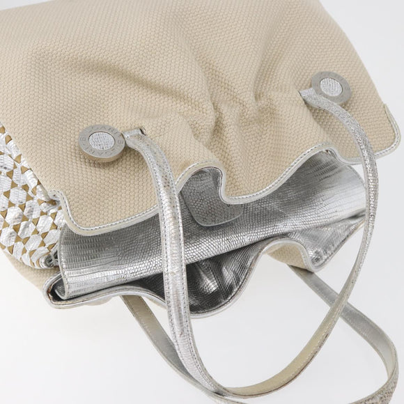 BVLGARI Hand Bag Canvas Beige Silver Auth ka4005