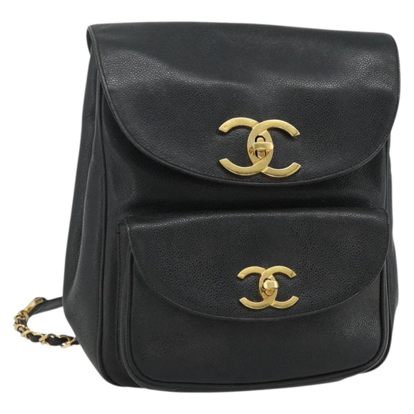 CHANEL Chain Backpack Caviar Skin Gold Black CC Auth ka4012V