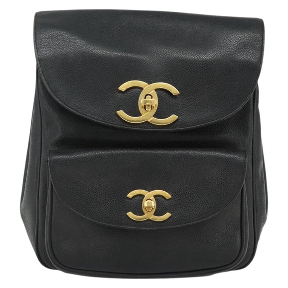 CHANEL Chain Backpack Caviar Skin Gold Black CC Auth ka4012V