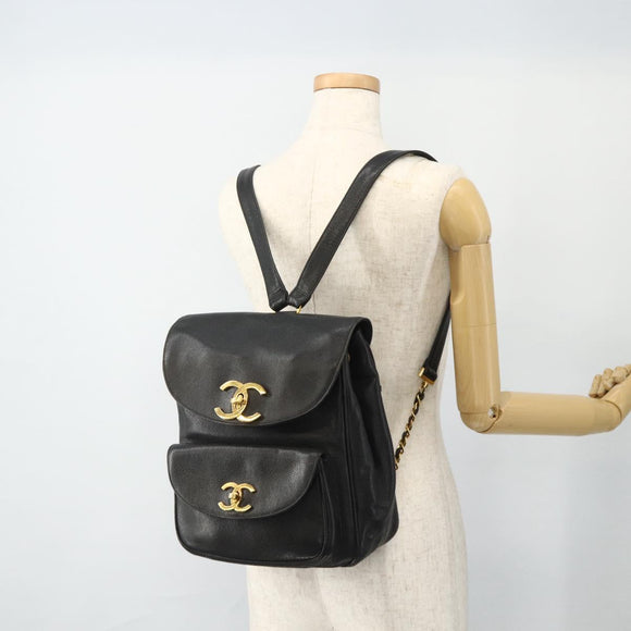 CHANEL Chain Backpack Caviar Skin Gold Black CC Auth ka4012V