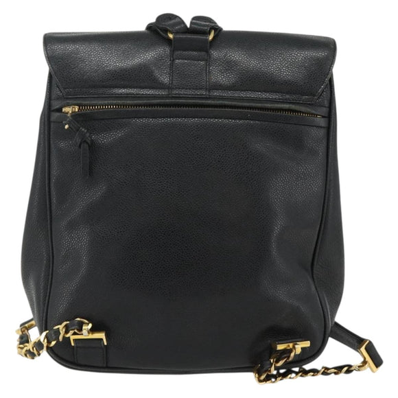 CHANEL Chain Backpack Caviar Skin Gold Black CC Auth ka4012V